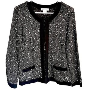 𝅺LIZ Claiborne Marled Open Front Cardigan Sweater Black White Grey Pockets L
